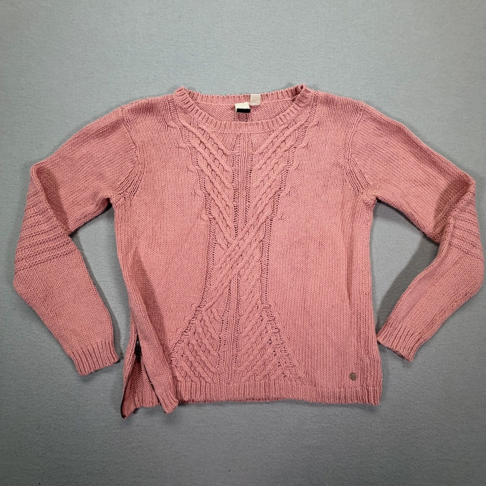 Roxy Sweater Women L Good Pink Cable Knit Side‎ Zip Cotton Wool Blend Pullover